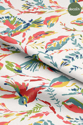 Digitally Printed Fabric with Aqua Effect Brush Effect Birds and Leaves Pattern