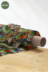 3D Nakış Efektli Dijital Baskılı Papağan Cenneti Ormanı Kumaş