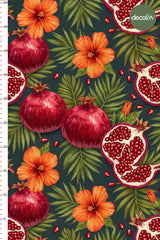 3D Nakış Efektli Dijital Baskılı Nar ve Nar Çiçeği Desenli Kumaş