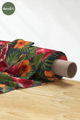 3D Nakış Efektli Dijital Baskılı Nar ve Nar Çiçeği Desenli Kumaş