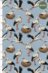 3D Nakış Efektli Dijital Baskılı Mavi Zemin Yaren Leylek Desenli Kumaş