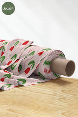 3D Nakış Efektli Dijital Baskılı Pembe Zemin Lale Desen Kumaş