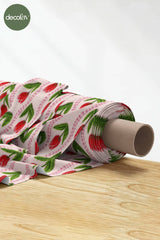 3D Nakış Efektli Dijital Baskılı Sevimli Kırmızı Lale Desenli Kumaş