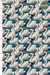 3D Nakış Efektli Dijital Baskılı Mavi Gölde Kuğu Dansı Kumaş