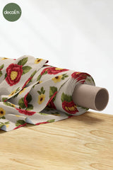 3D Nakış Efektli Dijital Baskılı Kırmızı Çiçek Desenli Kumaş