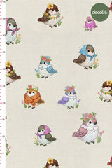 3D Nakış Efektli Dijital Baskılı Sevimli Kuş ve Çiçek Desenli Kumaş