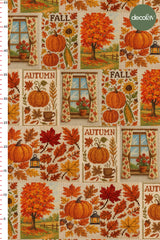 3D Nakış Efektli Dijital Baskılı Etamin Görünümlü Sonbahar Desenli Kumaş