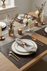 Block Kahverengi Suni Deri Nakışlı Amerikan Servis 2 Adet