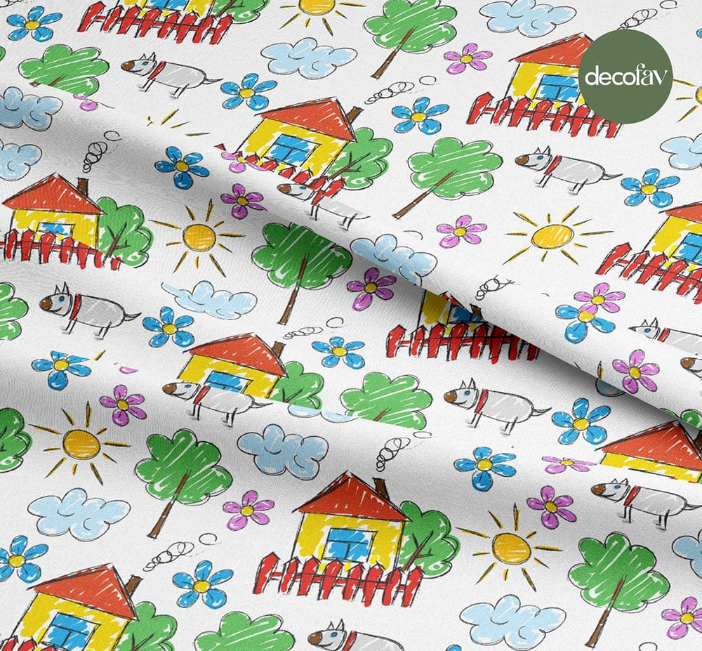 Çocuk Çizimi Manzara Desenli Dijital Baskılı Kumaş - Decofav | Kırlent, Sofra Tekstili, Kumaş