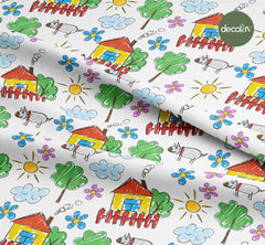 Çocuk Çizimi Manzara Desenli Dijital Baskılı Kumaş - Decofav | Kırlent, Sofra Tekstili, Kumaş