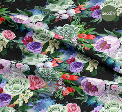 Digitally Printed Fabric with Colorful Rose Pattern on a Black Background