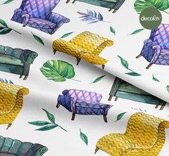 Sulu Boya Koltuk Berjer Yaprak Desenli Dijital Baskılı Kumaş