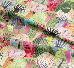 Soft Tonlarda El Çizimi Renkli Ağaç Desenli Dijital Baskılı Kumaş