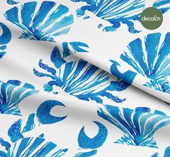 Sulu Boyalı Yengeç Deniz Kabuğu Marin Desenli Dijital Baskılı Kumaş