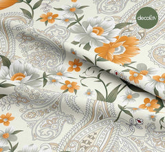 Şal Desenli Turuncu Ekru Çiçek Desenli Dijital Baskılı Kumaş