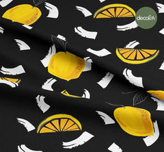 El Çizimi Limon Siyah Zemin Desenli Dijital Baskılı Kumaş