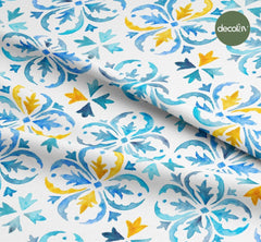 Sulu Boya Geometrik Abstrakt Çini Desenli Dijital Baskılı Kumaş