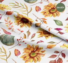 Digitally Printed Fabric with Sunflower, Pumpkin, and Leaf Patterns