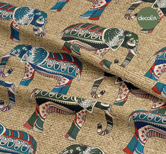 Linen Ground Ethnic Elephant Patterned Digital Printed Fabric