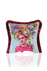 Yağlıboya Meksikalı Kadın Desenli Dijital Basklılı Kadife Kırlent Kılıfı Saçaklı