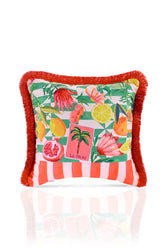 Turuncu Yeşil Tropikal Desenli Dijital Baskılı Kadife Kırlent Kılıfı Kırmızı Saçaklı