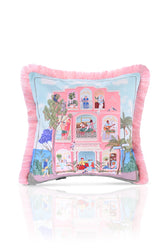 Sulu Boya Eğlenceli Bina Desenli Dijital Baskılı Kadife Kırlent Kılıfı Saçaklı