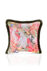 Pastel Renk Sulu Boya Papağan Desenli Dijital Baskılı Kadife Kırlent Kılıfı Saçaklı