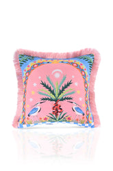 Pembe Mavi Kuş ve Ağaç Desenli Dijital Baskılı Kadife Kırlent Kılıfı Saçaklı