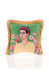 Fırça Efektli Yeşil Zemin Yağlı Boya Meksika Tasarım Dijital Baskılı Kadife Kırlent Kılıfı Saçaklı