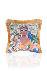 Afrikalı Kadın ve Çita Tropik Desenli Dijital Baskılı Kadife Kırlent Kılıfı Saçaklı
