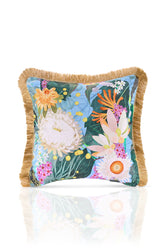 Mavi Zemin Suluboya Soft Çiçek Desenli Dijital Baskılı Kadife Kırlent Kılıfı Saçaklı