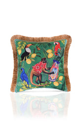 Yeşil Zemin Tropikal Çin Stili Maymun Desenli Dijital Baskılı Kadife Kırlent Kılıfı Saçaklı