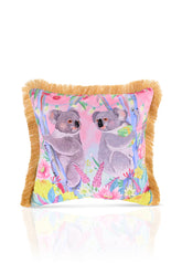 Sevimli Koalalar Sulu Boya Desenli Dijital Baskılı Kadife Kırlent Kılıfı Saçaklı