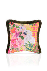 Geometrik Dekoratif Desenli Beyaz Papağan Desenli Dijital Baskılı Kadife Kırlent Kılıfı Saçaklı