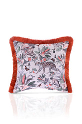 Pastel Orman Tasarımı Leopar Desenli Dijital Baskılı Kadife Kırlent Kılıfı Saçaklı