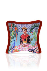 Meksikalı Kadın Tropik Desenli Dijital Baskılı Kadife Kırlent Kılıfı Kırmızı Saçaklı