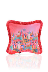 Otantik Şehir Manzaralı Kadife Kırlent Kılıfı Dijital Baskılı Kırmızı Saçaklı