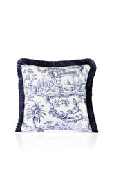 Toile Desen Lacivert Saçaklı Kadife Kırlent Kılıfı – 43x43 cm