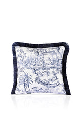 Toile Pattern Navy Blue Fringed Velvet Cushion Cover – 43x43 cm