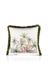 Sulu Boya Tropikal Hayvanlar ve Ağaçlar Tasarımlı Kadife Kırlent Kılıfı Saçak Detaylı