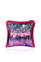 Oil Painting Maximalist Flamingos Design Fringed Cushion Cover