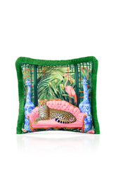Elegant House Cat Cheetah Design Velvet Cushion Cover with Fringe Detail - Maximalist Design