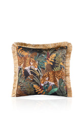 Exotic Tropical Leopard Design Velvet Cushion Cover with Fringed Detail