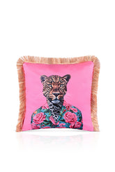 Leopar Desenli Pembe Kadife Saçaklı Dekoratif Kırlent Kılıfı 43x43 cm