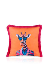 Tarz Sahibi Zürafa Tasarımlı Turuncu Kırlent Kılıfı Saçak Detaylı - 43x43cm