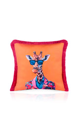Stylish Giraffe Design Orange Cushion Cover with Fringe Detail - 43x43cm