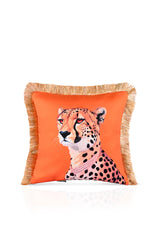 Elegant Cheetah Design Orange Cushion Cover with Gold Fringes - 43x43cm