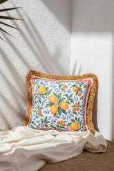 Limoncello Sulu Boya Limon Tasarımlı Saçaklı Kadife Kırlent Kılıfı - 43x43cm