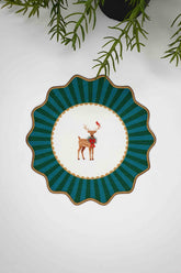 Oval Dekoratif Yeşil Nakış Kenarlı Geyik Desenli Kokteyl Peçetesi 1 Adet