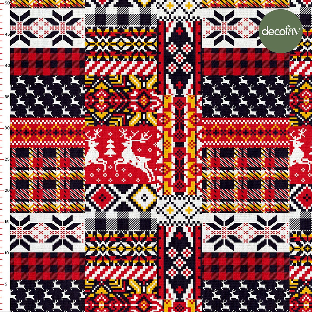 Yılbaşı Temalı Patchwork Etnik Desenli Dijital Baskılı Kumaş - Decofav | Kırlent, Sofra Tekstili, Kumaş